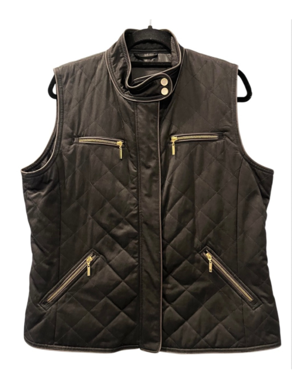 Pendleton Black Diamond Quilted Vest Gold Zipper Snap Collar Size XL Women's